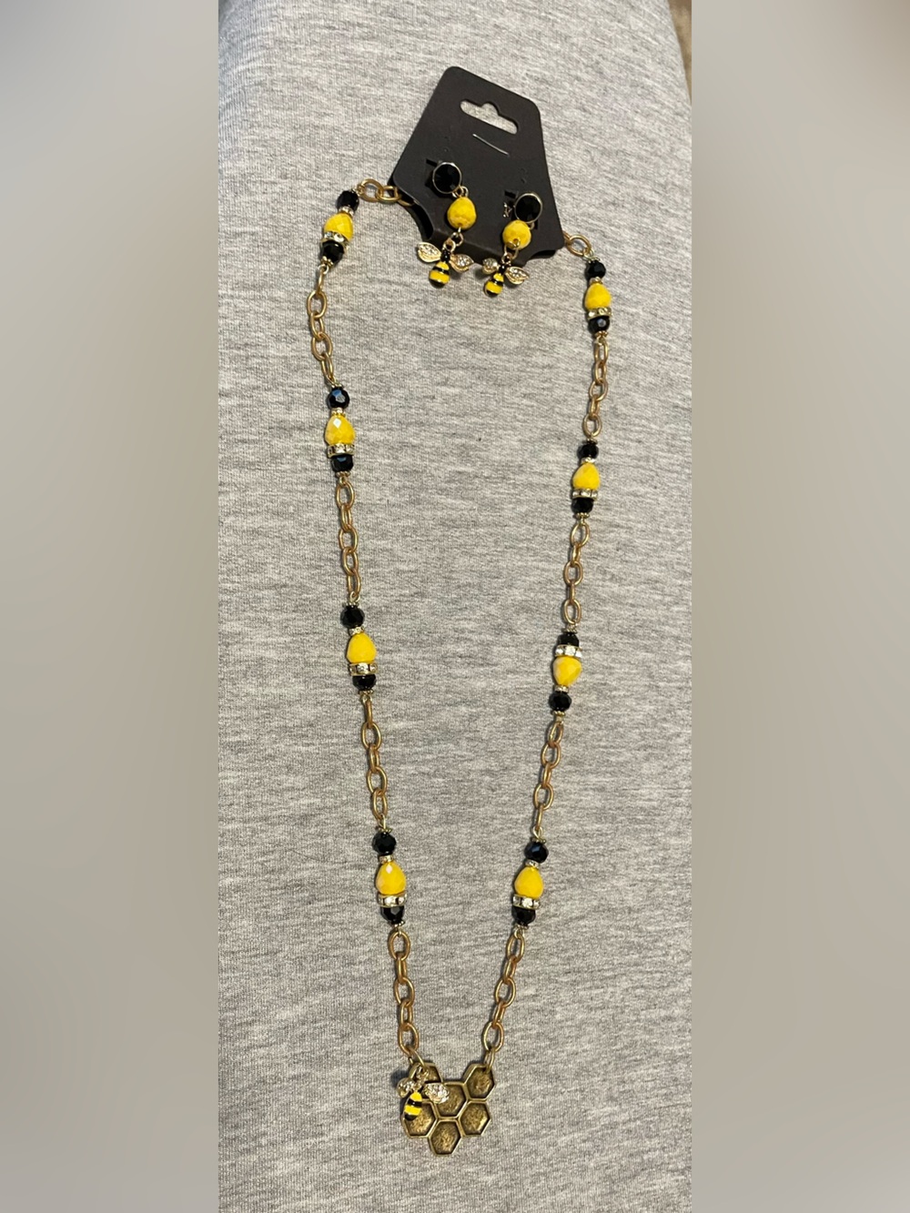 Gold-Tone Honeycomb Necklace & Earring Set with Yellow and Black Beads
